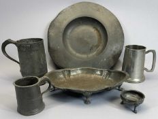 PEWTER PERIOD PIECES to include a pint tankard, 18cms tall, plate, 35cms diameter, ETC