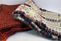 TRADITIONAL WELSH WOOLLEN BLANKET - in blues and reds with tasselled ends, 232 x 214cms and a red