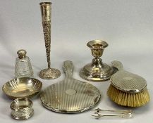 SMALL SILVER, 8 PIECES - to include a dressing table hand mirror and matching brush, single squat