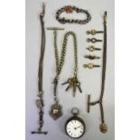 SILVER CASED POCKET WATCH, various watch keys, white metal and other Alberts, 9ct gold and silver