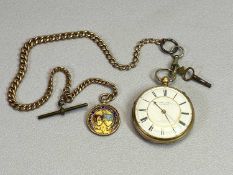 18CT GOLD CASED POCKET WATCH - with 9ct Albert and medallion fob, key wind open face watch with