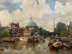 OIL ON CANVAS - Dutch canal scene with domed building to the background, indistinct artist signature