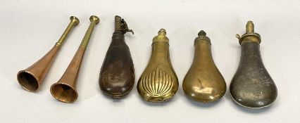 SHOT FLASKS - 19th century (4) including a leather example with contents and two brass and copper