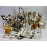 WALKER & HALL 3 PIECE PLATED TEA SERVICE, a plated spirit kettle with bone knop, small silver and