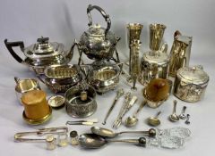 WALKER & HALL 3 PIECE PLATED TEA SERVICE, a plated spirit kettle with bone knop, small silver and