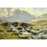 WARREN WILLIAMS A.R.C.A watercolour - a stone bridge with figure over river at Capel Curig with