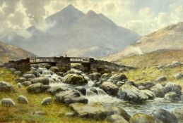WARREN WILLIAMS A.R.C.A watercolour - a stone bridge with figure over river at Capel Curig with