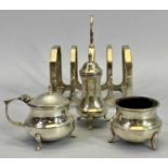 SILVER 4 SECTION TOAST RACK and a three piece condiment set, Sheffield 1936, Maker Emile Viner and