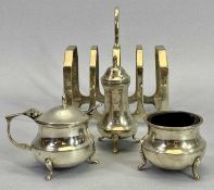 SILVER 4 SECTION TOAST RACK and a three piece condiment set, Sheffield 1936, Maker Emile Viner and