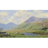 PHILIP STANTON oil on canvas - Snowdonia with sheep grazing at riverside, signed, 45 x 74cms