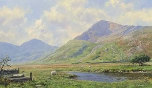 PHILIP STANTON oil on canvas - Snowdonia with sheep grazing at riverside, signed, 45 x 74cms