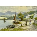 WARREN WILLIAMS A.R.C.A. watercolour - Tal y Cafn Ferry Hotel, boats and a bonneted lady at the