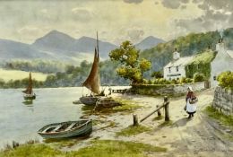 WARREN WILLIAMS A.R.C.A. watercolour - Tal y Cafn Ferry Hotel, boats and a bonneted lady at the