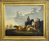 UNSIGNED oil on canvas - circa 1900s, cattle and horse riders overlooking boats in the water, 39 x
