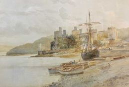 E A KRAUSE watercolour titled 'Conwy Castle Sketch' with boats and masted ship to the foreground,