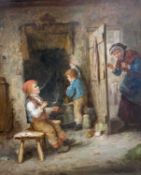 INDISTINCTLY SIGNED oil on canvas - 19th Century depicting children caught smoking in the kitchen,