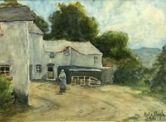 NELLIE CLOUGH watercolour - farmstead with lady on a track to the foreground, signed and dated 1914,