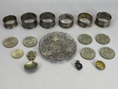 MIXED SILVER & COINS COLLECTABLES GROUP - two pairs and two other napkin rings, London 1944 pair
