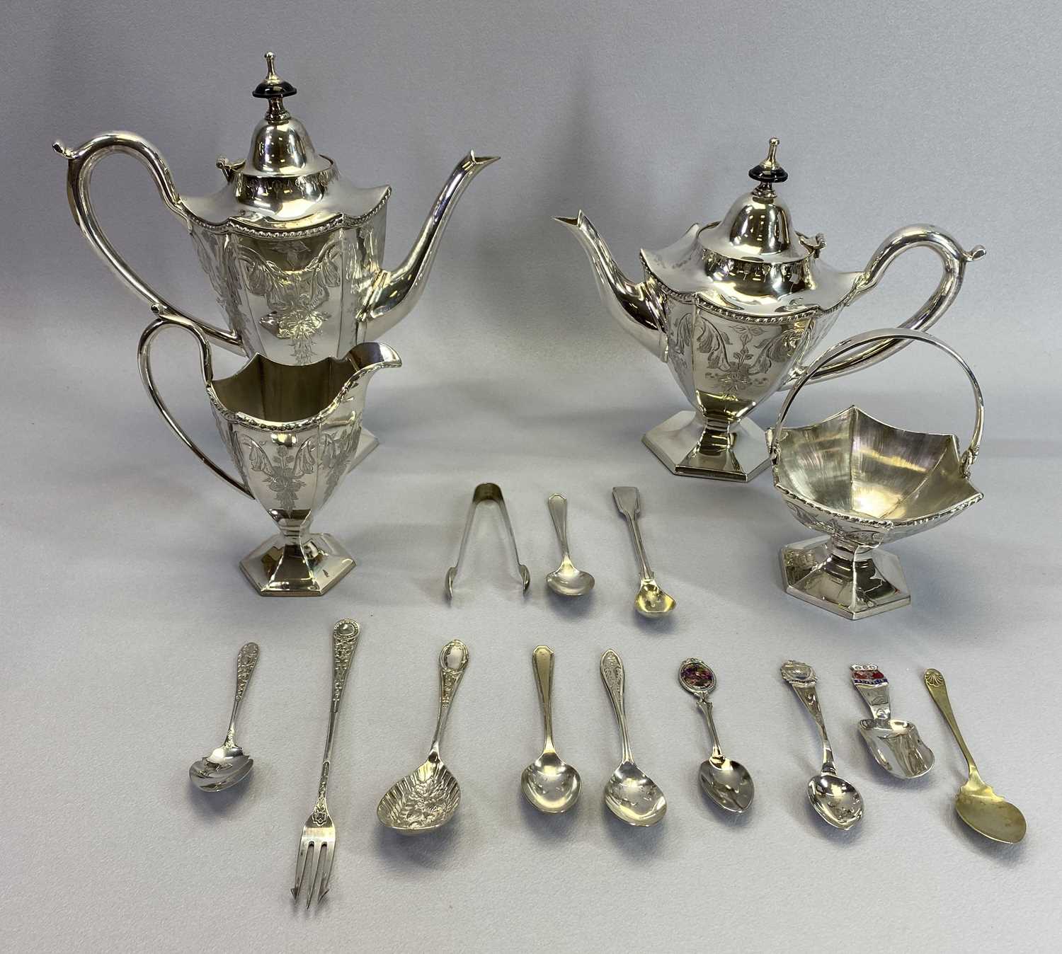 FOUR PIECE NEO CLASSICAL STYLE TEA & COFFEE SERVICE along with one Sheffield silver teaspoon and a