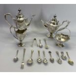 FOUR PIECE NEO CLASSICAL STYLE TEA & COFFEE SERVICE along with one Sheffield silver teaspoon and a