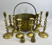 BRASS CANDLESTICKS - a twist pair, 30cms tall and three other pairs. Also, a brass swing handled jam