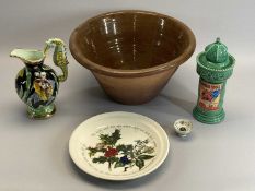 GLAZED CROCK POT, 20cms H x 39cms diam, French musical and theatre themed receptacle and other items