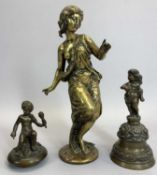 BRONZE FIGURE OF A LADY - signed H Bumaige, 24cms tall, a bronze bell and another bronze figure