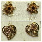 CLOGAU GOLD EARRINGS, 2 PAIRS - in original presentation boxes, one pair formed as daffodils, 2grms,