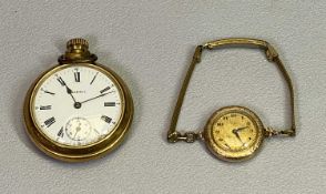 ELGIN GOLD PLATED LADY'S WRISTWATCH and an Ingersoll gold plated pocket watch, the wristwatch with