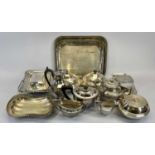 J T & COMPANY REEDED FOUR PIECE PLATED TEA SERVICE, muffin dishes, ??? and assorted other plated