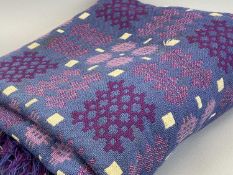 TRADITIONAL WELSH WOOLLEN BLANKET - in purples and blues with tasselled ends, 224cms x 152cms