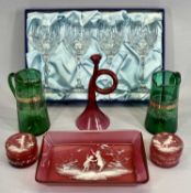 MARY GREGORY RUBY COLOURED DRESSING TABLE TYPE GLASSWARE, a pair of green jugs, 16cms tall, a