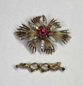 9CT GOLD BROOCHES (2) - to include a ruby and paste set yellow and white gold floral brooch, 5.5 x