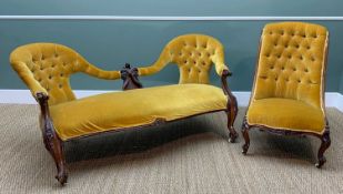 MID-VICTORIAN WALNUT DOUBLE CHAIR-BACK SETTEE & CHAIR, both upholstered in golden velour, serpentine