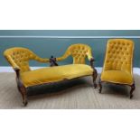 MID-VICTORIAN WALNUT DOUBLE CHAIR-BACK SETTEE & CHAIR, both upholstered in golden velour, serpentine