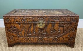 CHINESE CARVED CAMPHORWOOD CHEST, top decorated with figures beside pavilion and pair sailing,