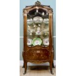 19TH CENTURY FRENCH KINGWOOD MARQUETRY & GILT METAL MOUNTED BOMBÈ VITRINE, Rocaille crested