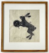 PETER FOX (b.1952) limited edition (15/50) woodcut - Hare with a Drum, signed, titled and numbered