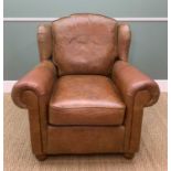 VICTORIAN-STYLE MODERN LEATHER UPHOLSTERED WING-BACK ARMCHAIR with loose cushions, turned beech