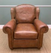 VICTORIAN-STYLE MODERN LEATHER UPHOLSTERED WING-BACK ARMCHAIR with loose cushions, turned beech