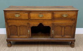 LATE GEORGE III OAK DRESSER BASE, plank top above three frieze drawers, cupboards and dog kennel
