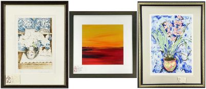 THREE PRINTS & PAINTING comprising CAROLE CLARK acrylic - sunset with distant trees, signed, 29 x