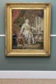 GOOD VICTORIAN NEEDLEWORK PICTURE, depicting Queen Anne in a classical interior, 88 x 70cm, in a