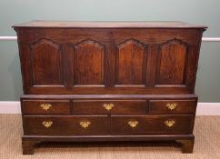 18TH CENTURY WELSH OAK MULE CHEST, boarded and moulded top, cusped arch fielded panel front,