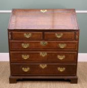 GEORGE III OAK & MAHOGANY CROSSBANDED BUREAU, fitted interior of pigeon holes, drawers and central