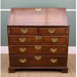 GEORGE III OAK & MAHOGANY CROSSBANDED BUREAU, fitted interior of pigeon holes, drawers and central