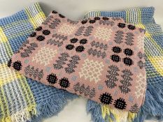 THREE VINTAGE WELSH BLANKETS comprising 'Caernarfon' tapestry blanket, of geometric reversible