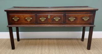 18TH CENTURY JOINED OAK DRESSER BASE with two plank moulded top above three frieze drawers with