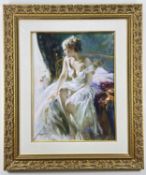 PINO DAENI, ltd edn (95/95AP) lithograph – Morning Breeze, woman in white dress seated on a bed,