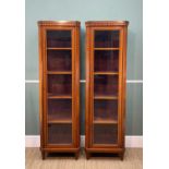 GOOD PAIR 19TH CENTURY SATINWOOD & EBONY STRUNG NARROW DISPLAY CABINETS, with harewood banding,